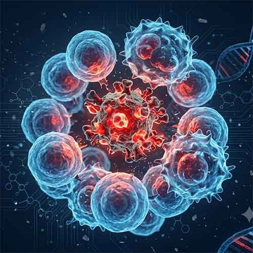 Immunzellen umschließen einen Erreger – Darstellung eines Immun-Triggers